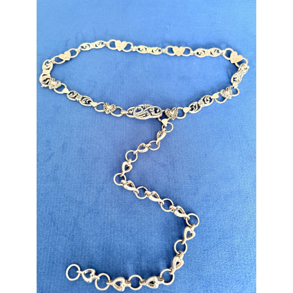 Vintage Silver Tone Heart and Floral Filigree Metal Chain Link Belt Feminine